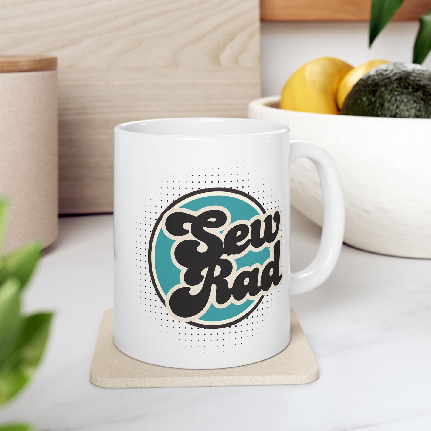 SEW RAD 11 oz. Mug - White - Sewing Friend Gift - Sewing Coffee Mug - Retro 80's Coffee Mug - Vintage-Inspired Sewing Mug