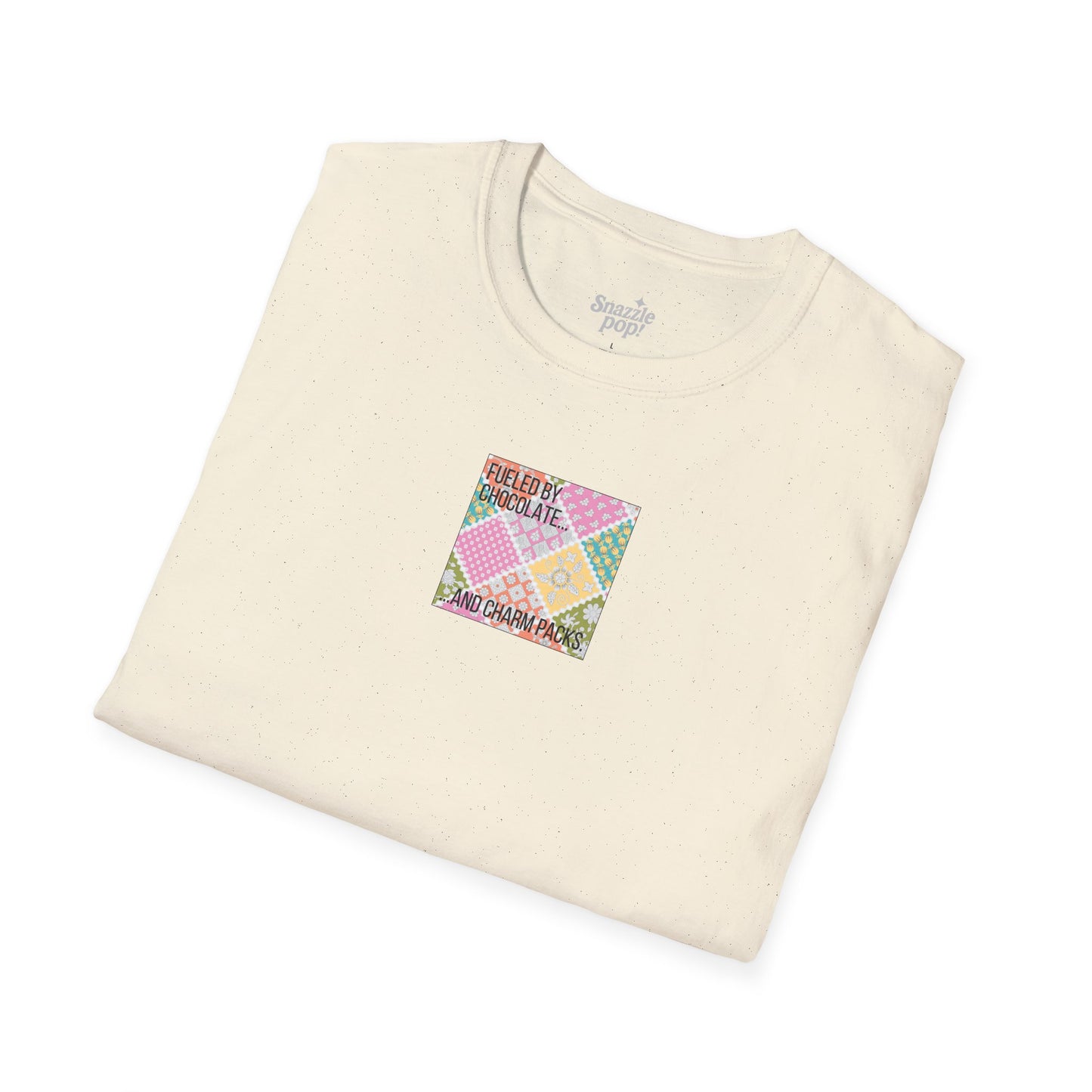 Fueled by Chocolate & Charm Packs T-shirt - Unisex Softstyle Tee - Quilting Tee - Sewing T-shirt (Inclusive Sizing: XS-5x)