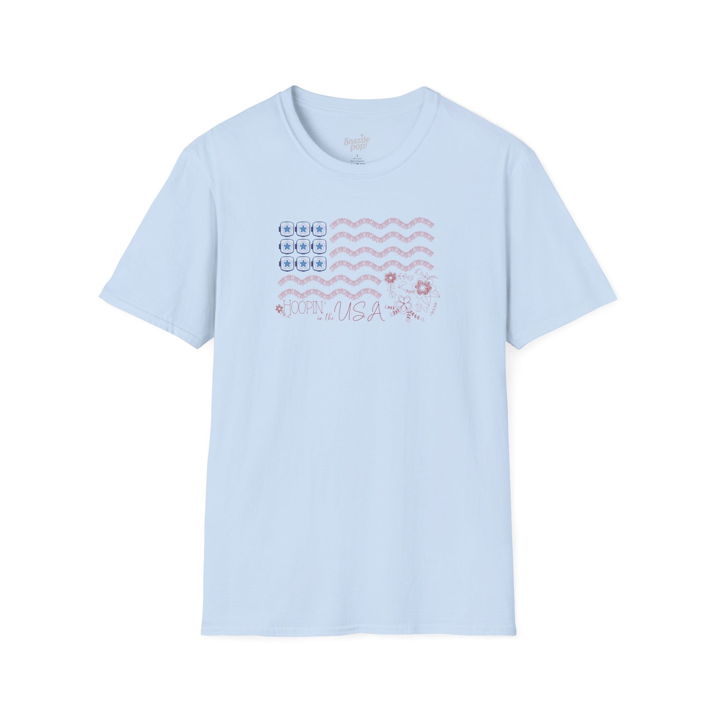 Hoopin' in the USA T-shirt - Unisex Softstyle Patriotic Tee - (for those who love to machine embroider!) Inclusive Sizing: XS - 5X
