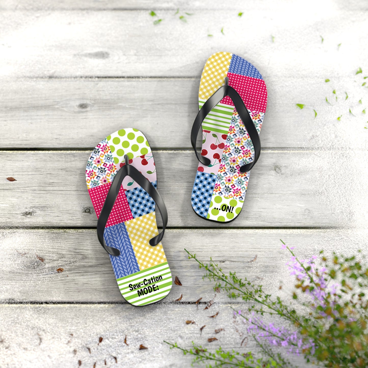 Sewing Themed Flip Flops - Sew-Cation Mode for Craft Lovers, Summer Footwear, Beachwear, Vacation Sandals, Fun Gift for Crafters, Quilt Retreat Gift, Sewing Retreat