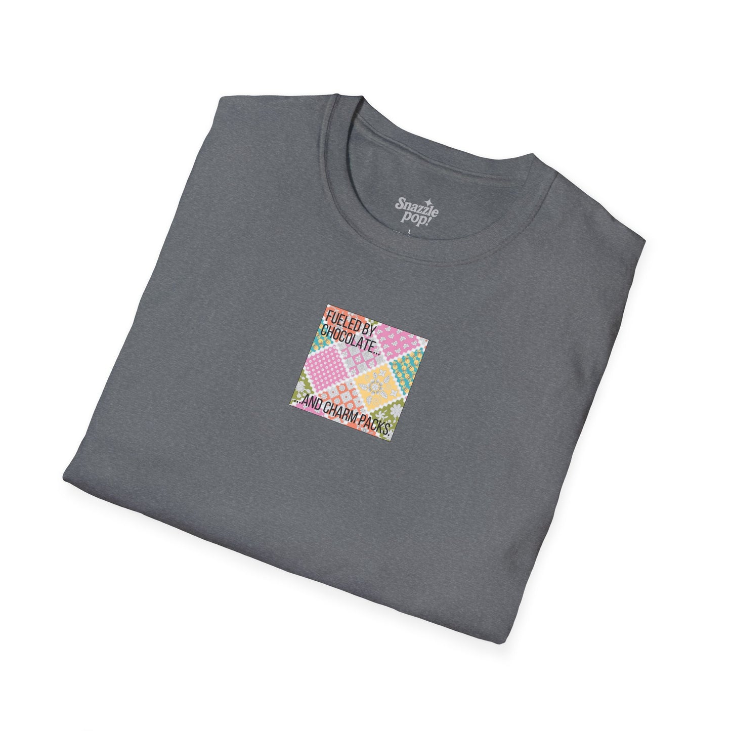Fueled by Chocolate & Charm Packs T-shirt - Unisex Softstyle Tee - Quilting Tee - Sewing T-shirt (Inclusive Sizing: XS-5x)