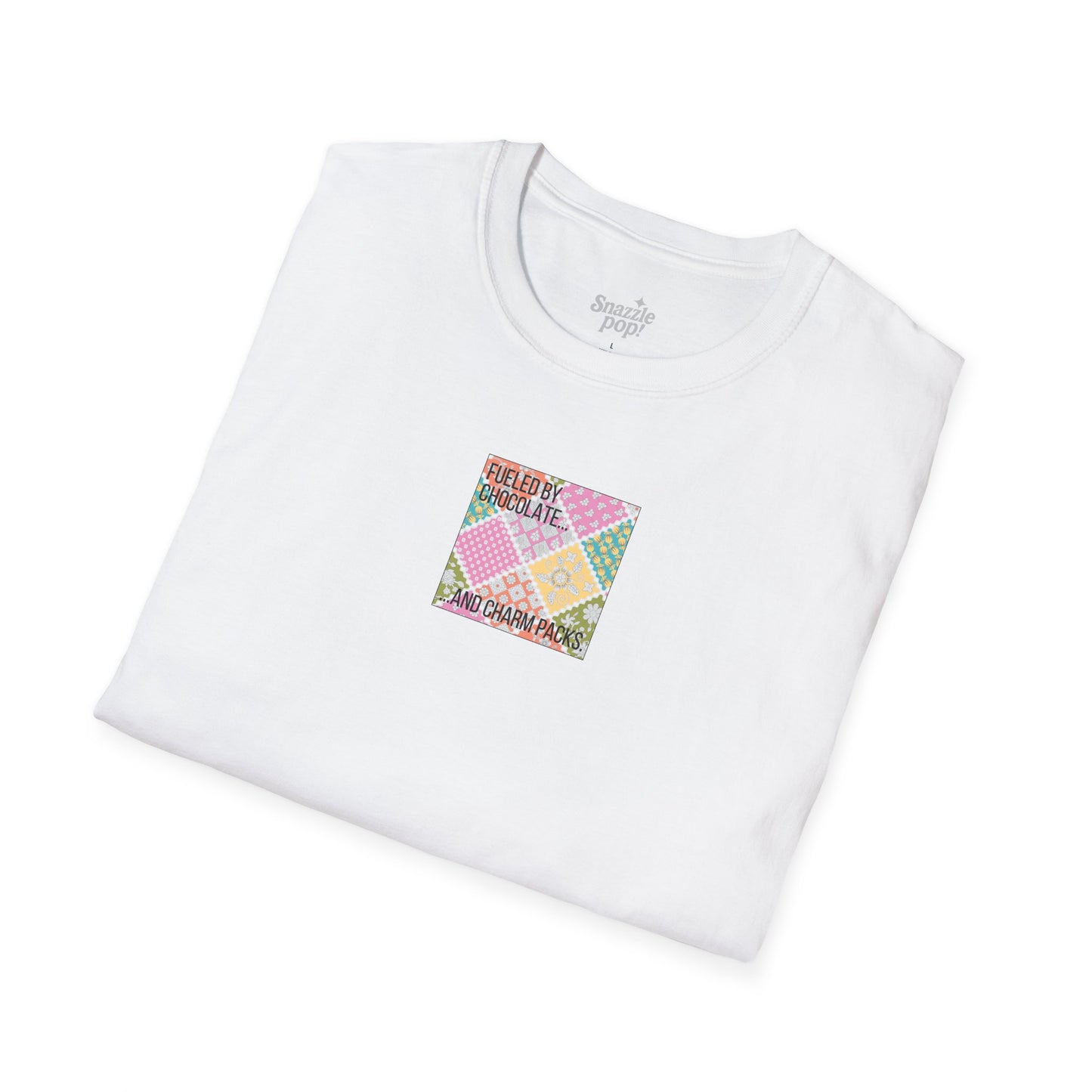 Fueled by Chocolate & Charm Packs T-shirt - Unisex Softstyle Tee - Quilting Tee - Sewing T-shirt (Inclusive Sizing: XS-5x)
