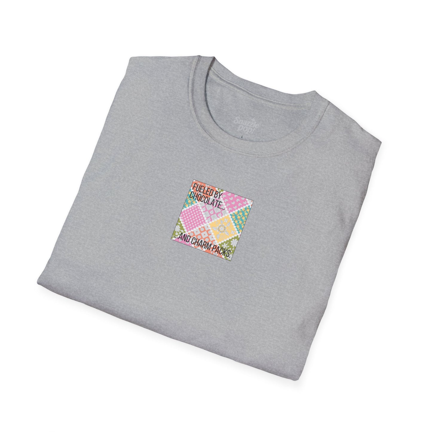 Fueled by Chocolate & Charm Packs T-shirt - Unisex Softstyle Tee - Quilting Tee - Sewing T-shirt (Inclusive Sizing: XS-5x)