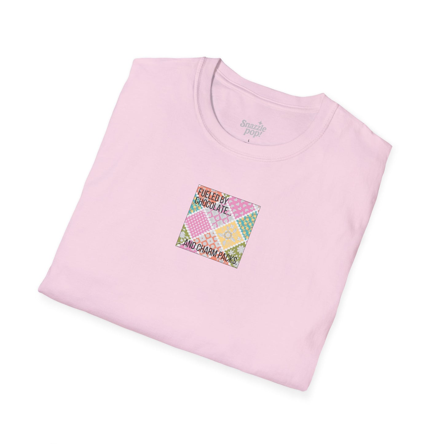 Fueled by Chocolate & Charm Packs T-shirt - Unisex Softstyle Tee - Quilting Tee - Sewing T-shirt (Inclusive Sizing: XS-5x)