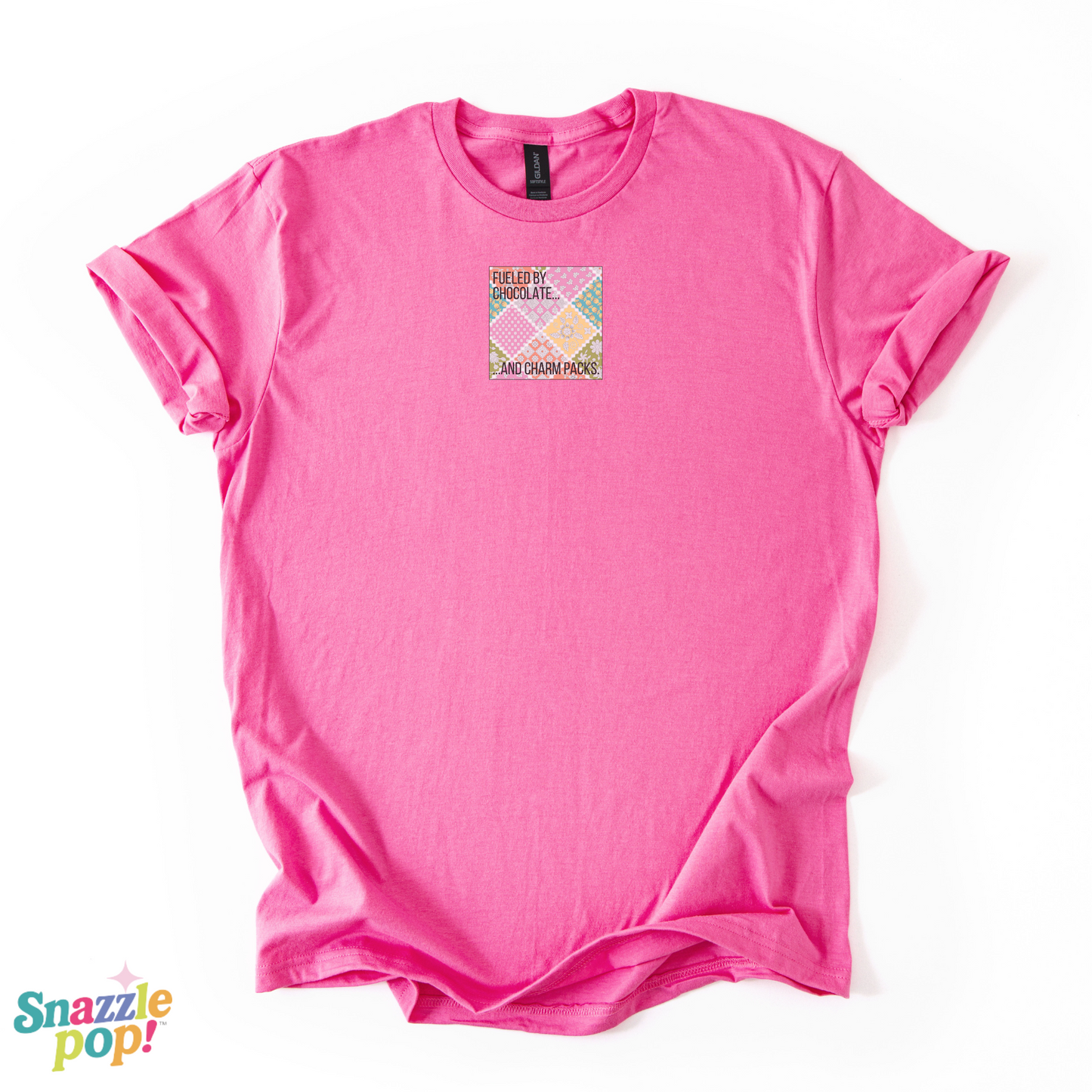 Fueled by Chocolate & Charm Packs T-shirt - Unisex Softstyle Tee - Quilting Tee - Sewing T-shirt (Inclusive Sizing: XS-5x)