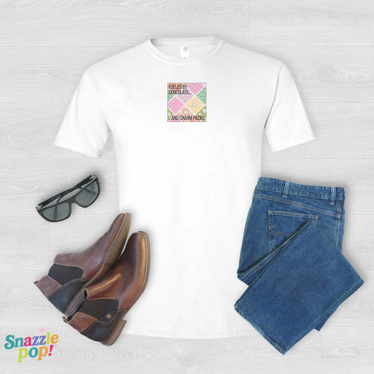 Fueled by Chocolate & Charm Packs T-shirt - Unisex Softstyle Tee - Quilting Tee - Sewing T-shirt (Inclusive Sizing: XS-5x)
