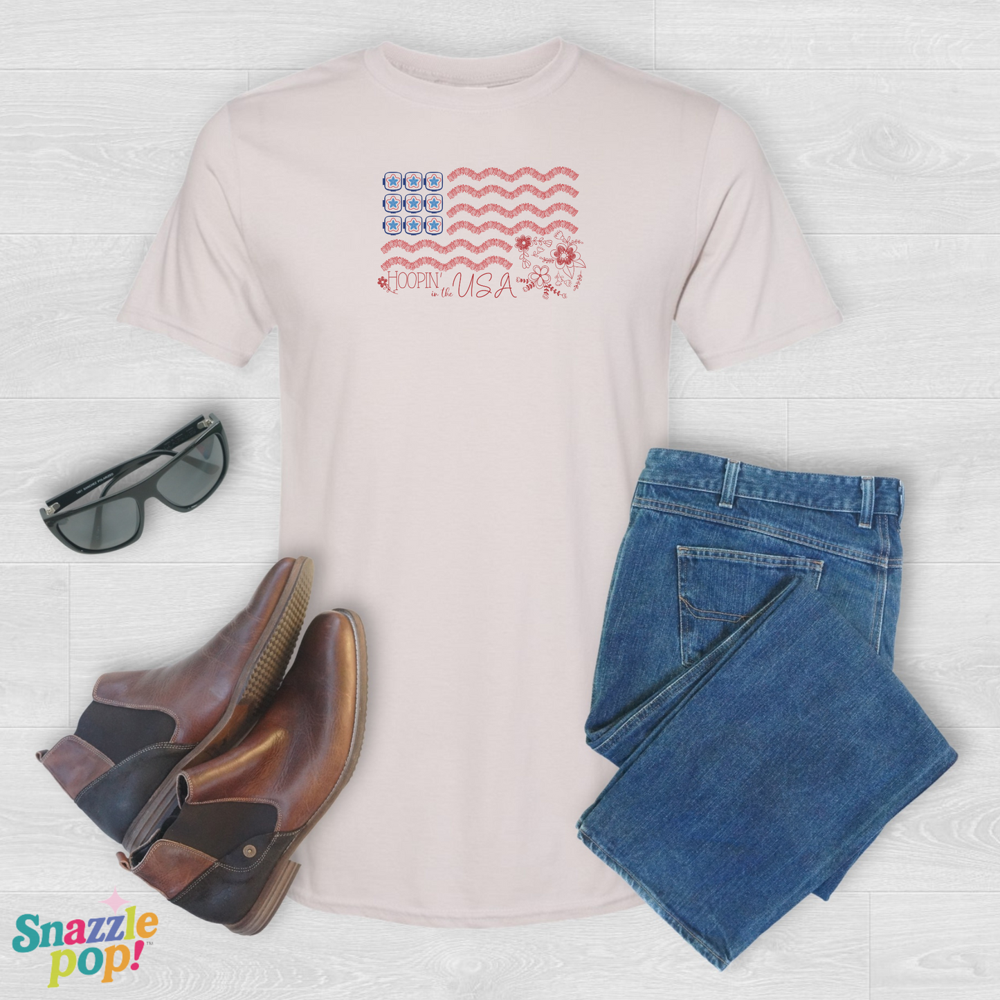 Hoopin' in the USA T-shirt - Unisex Softstyle Patriotic Tee - (for those who love to machine embroider!) Inclusive Sizing: XS - 5X