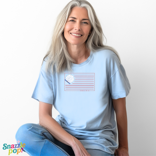 Stitchin' in the USA T-shirt - Unisex Softstyle Patriotic Tee - (for those who love to stitch hand-embroider!) Inclusive Sizing: XS - 5X