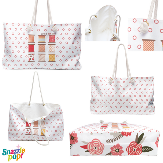 Life Is SEW Good (Sunset Colorway) Quilty Weekender Bag - Ideal for Crafters, Quilters, Travel, Gifts, and Everyday Use - Sewing Gift - Thread and Spools Tote