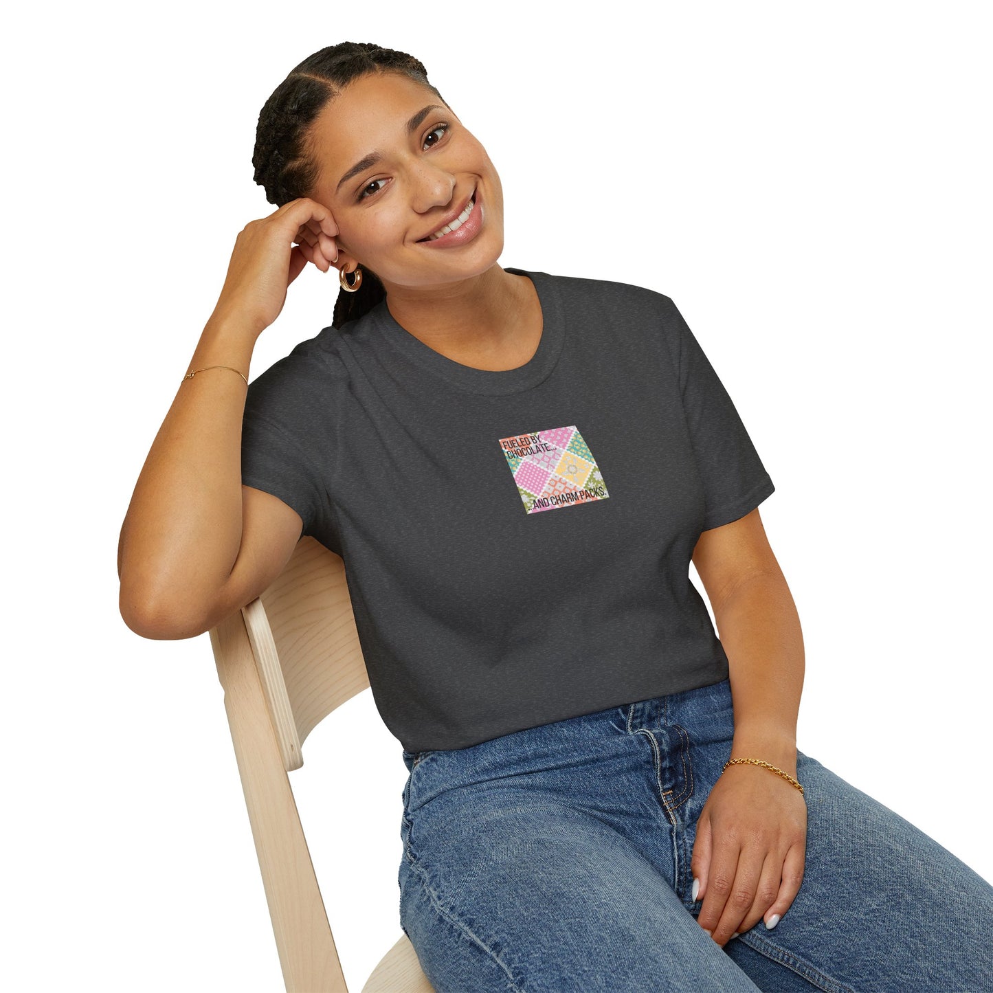 Fueled by Chocolate & Charm Packs T-shirt - Unisex Softstyle Tee - Quilting Tee - Sewing T-shirt (Inclusive Sizing: XS-5x)