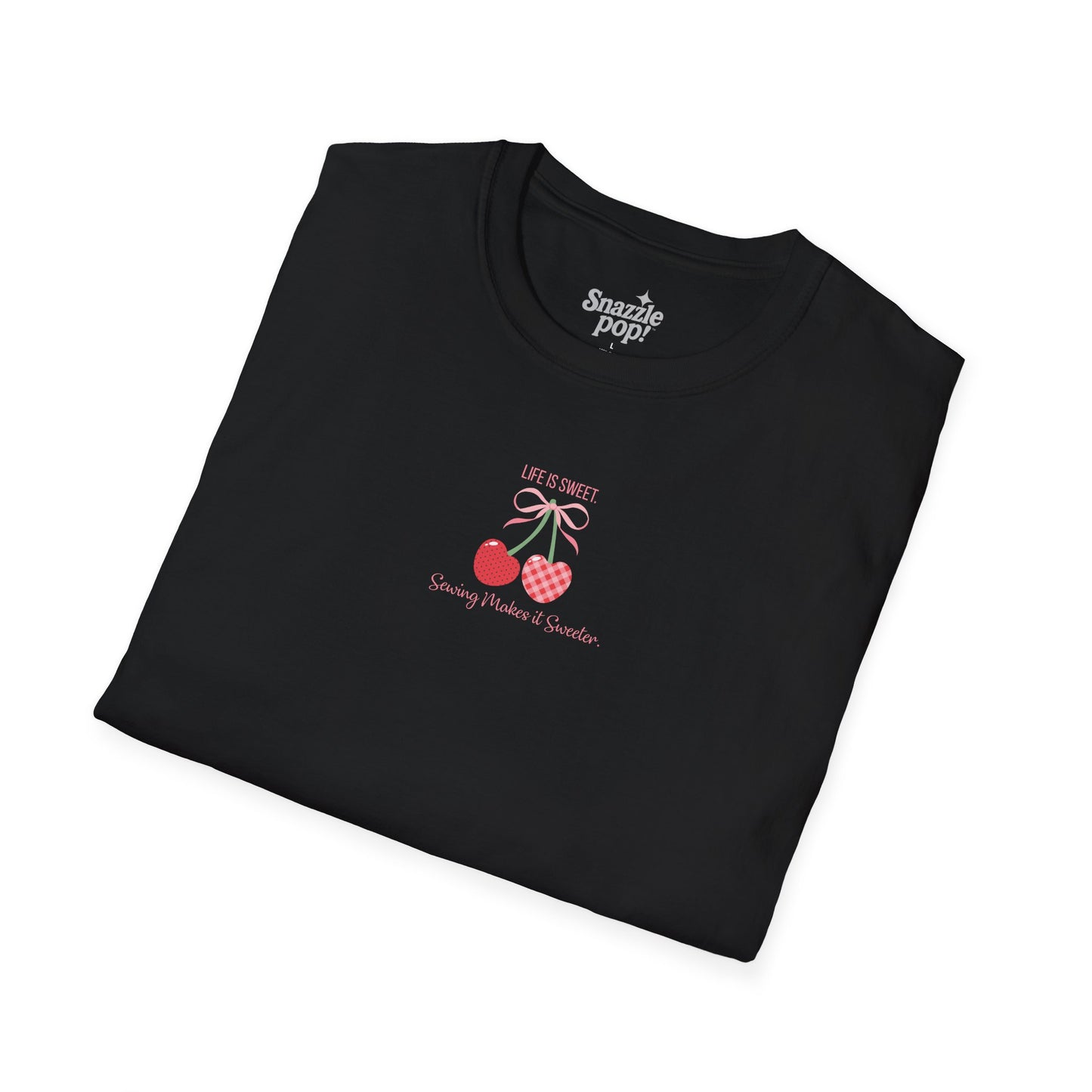 Life Is Sweet. Sewing Makes It Sweeter. Unisex Softstyle T-Shirt - Sewing Cherry Tee (Inclusive Sizing: XS - 5X)