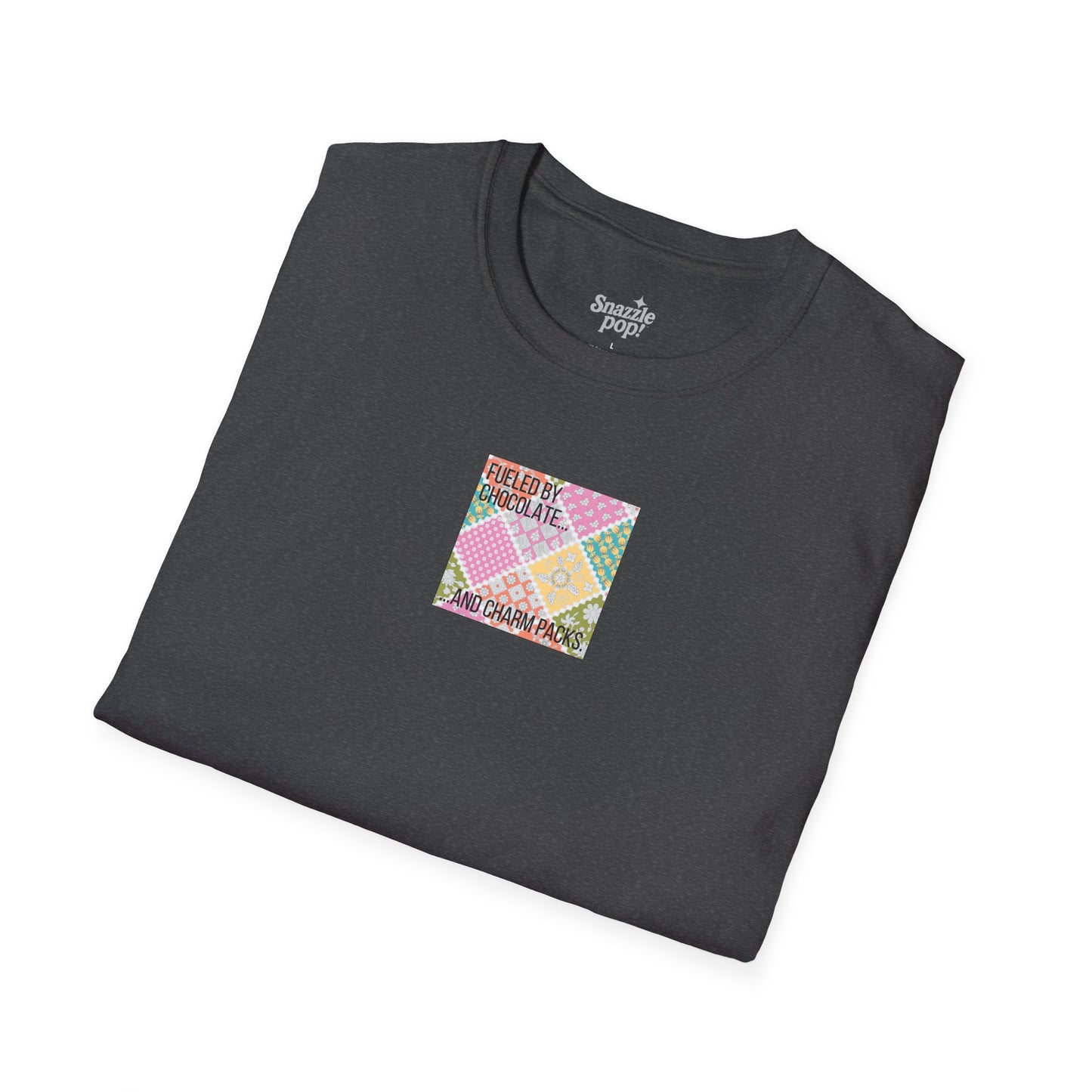 Fueled by Chocolate & Charm Packs T-shirt - Unisex Softstyle Tee - Quilting Tee - Sewing T-shirt (Inclusive Sizing: XS-5x)