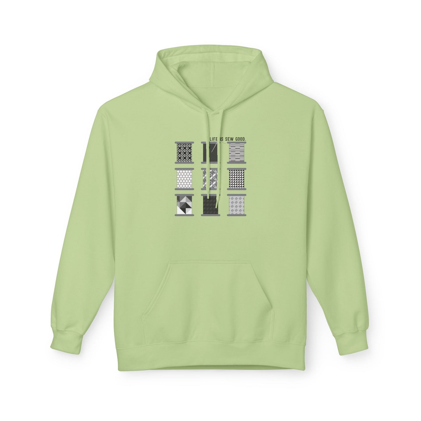 Life is SEW Good (Black & White Colorway) Unisex Hoodie with Front Pocket - Hooded Sewing-Themed Sweatshirt