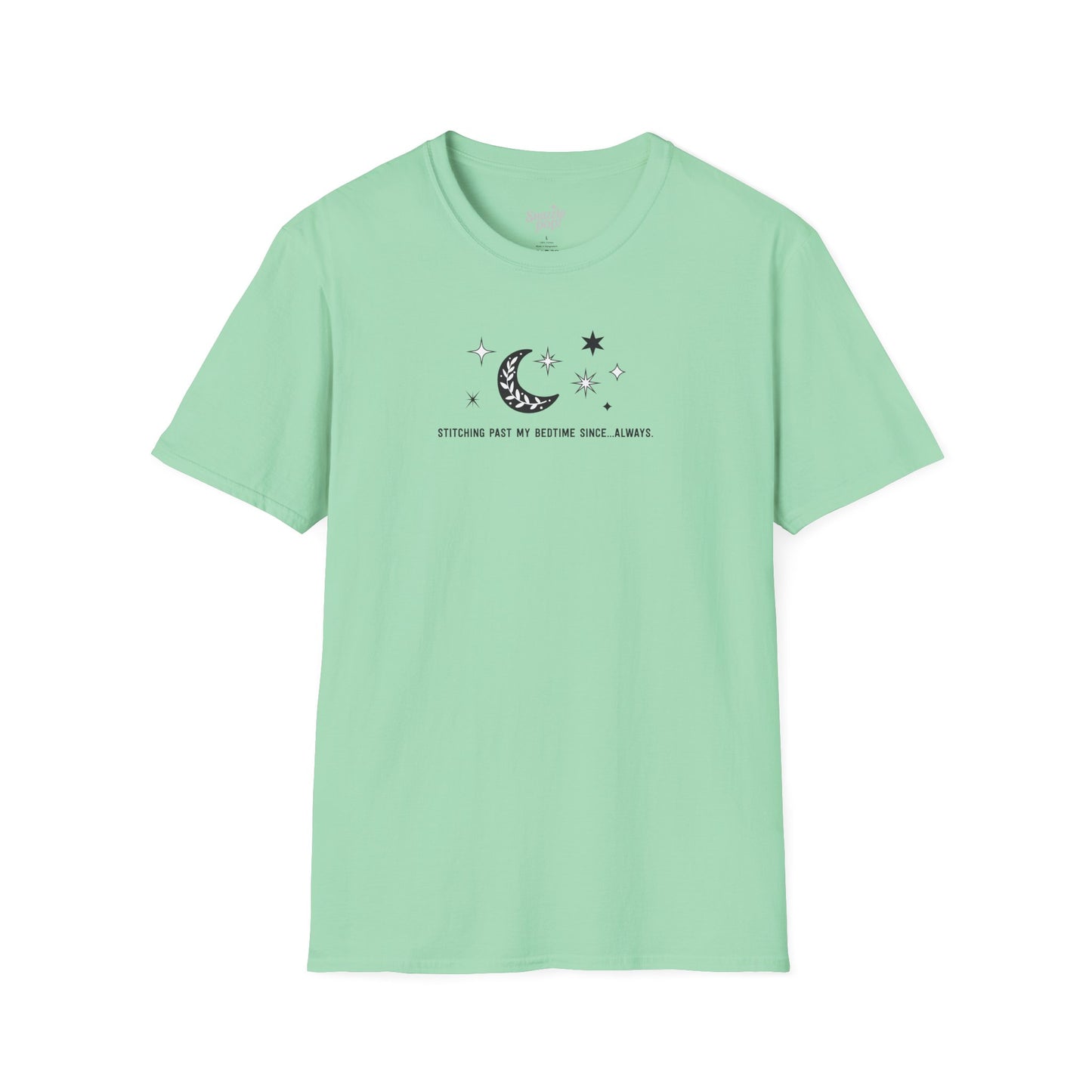 Stitching Past My Bedtime Since...Always. T-shirt - Unisex Softstyle Crafty Tee - Sew Night T-shirt, Embroidery, Quilting, Stitching (Inclusive Sizing: XS - 5X)