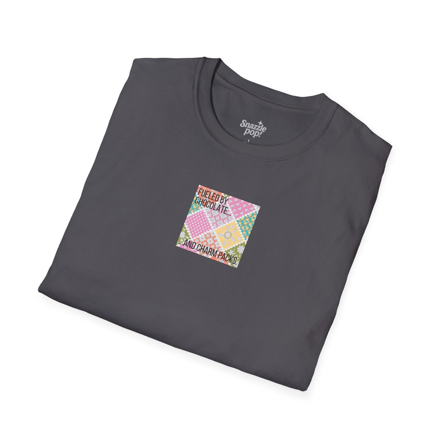 Fueled by Chocolate & Charm Packs T-shirt - Unisex Softstyle Tee - Quilting Tee - Sewing T-shirt (Inclusive Sizing: XS-5x)