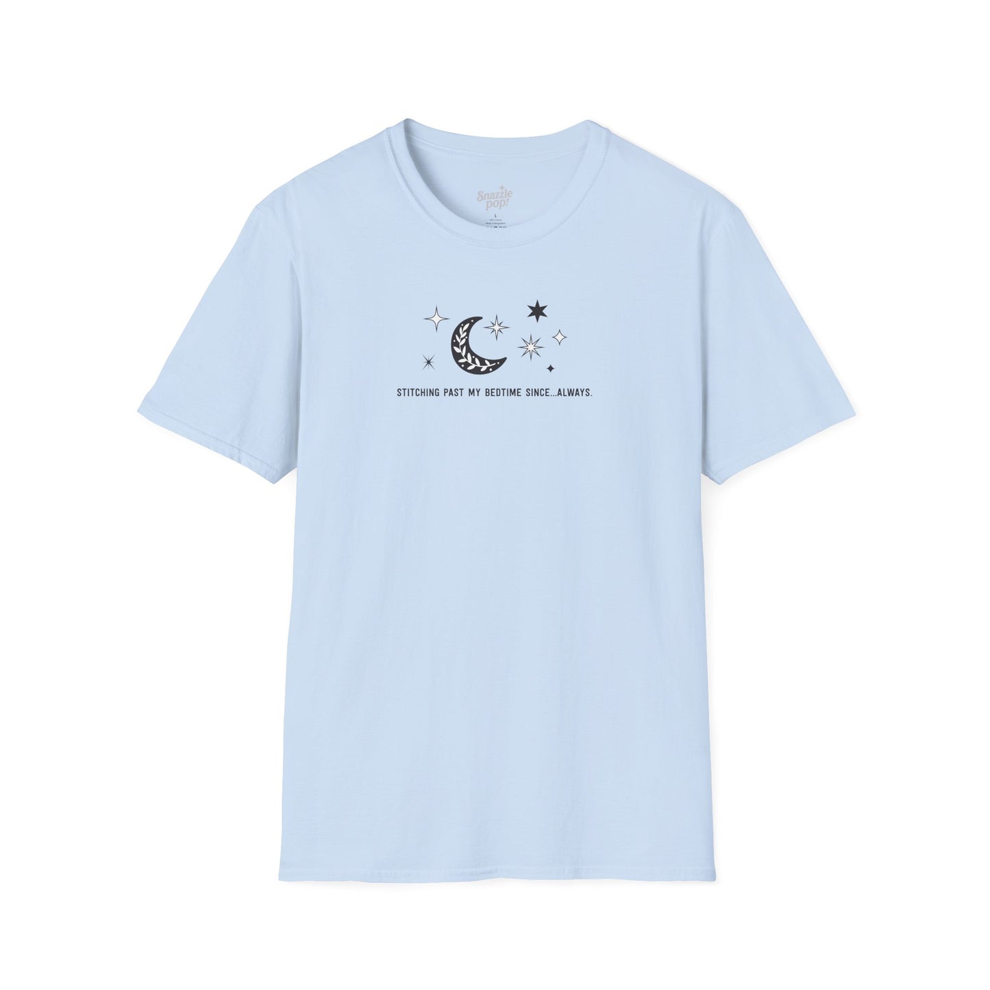 Stitching Past My Bedtime Since...Always. T-shirt - Unisex Softstyle Crafty Tee - Sew Night T-shirt, Embroidery, Quilting, Stitching (Inclusive Sizing: XS - 5X)