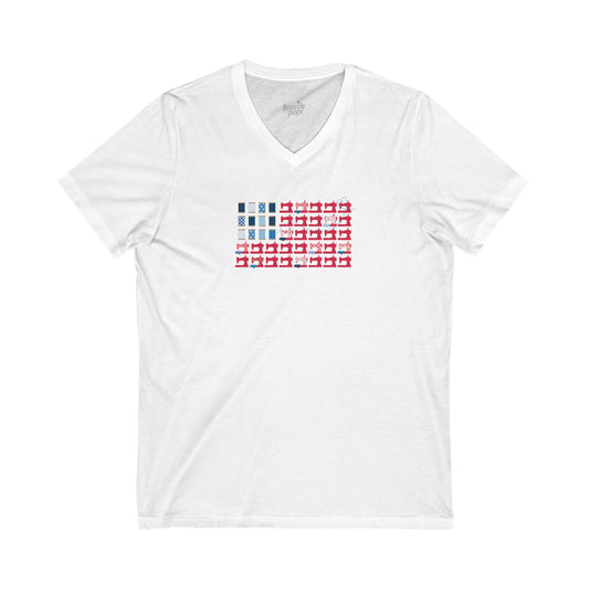 Stars, Stripes & Stitches! V-Neck Tee - Unisex Jersey Short Sleeve V-Neck Shirt