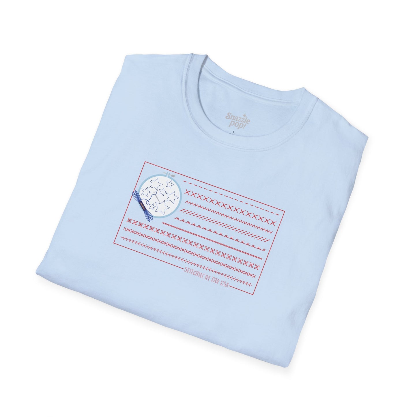 Stitchin' in the USA T-shirt - Unisex Softstyle Patriotic Tee - (for those who love to stitch hand-embroider!) Inclusive Sizing: XS - 5X