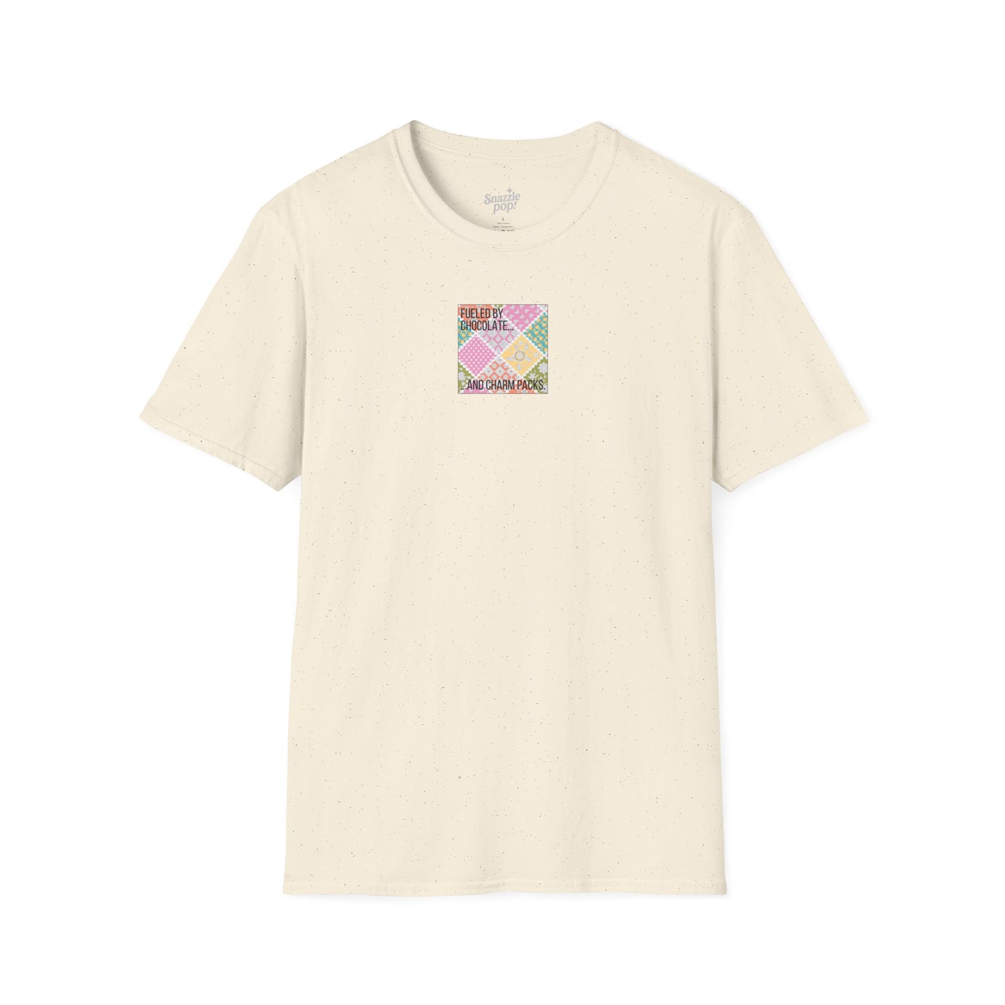 Fueled by Chocolate & Charm Packs T-shirt - Unisex Softstyle Tee - Quilting Tee - Sewing T-shirt (Inclusive Sizing: XS-5x)