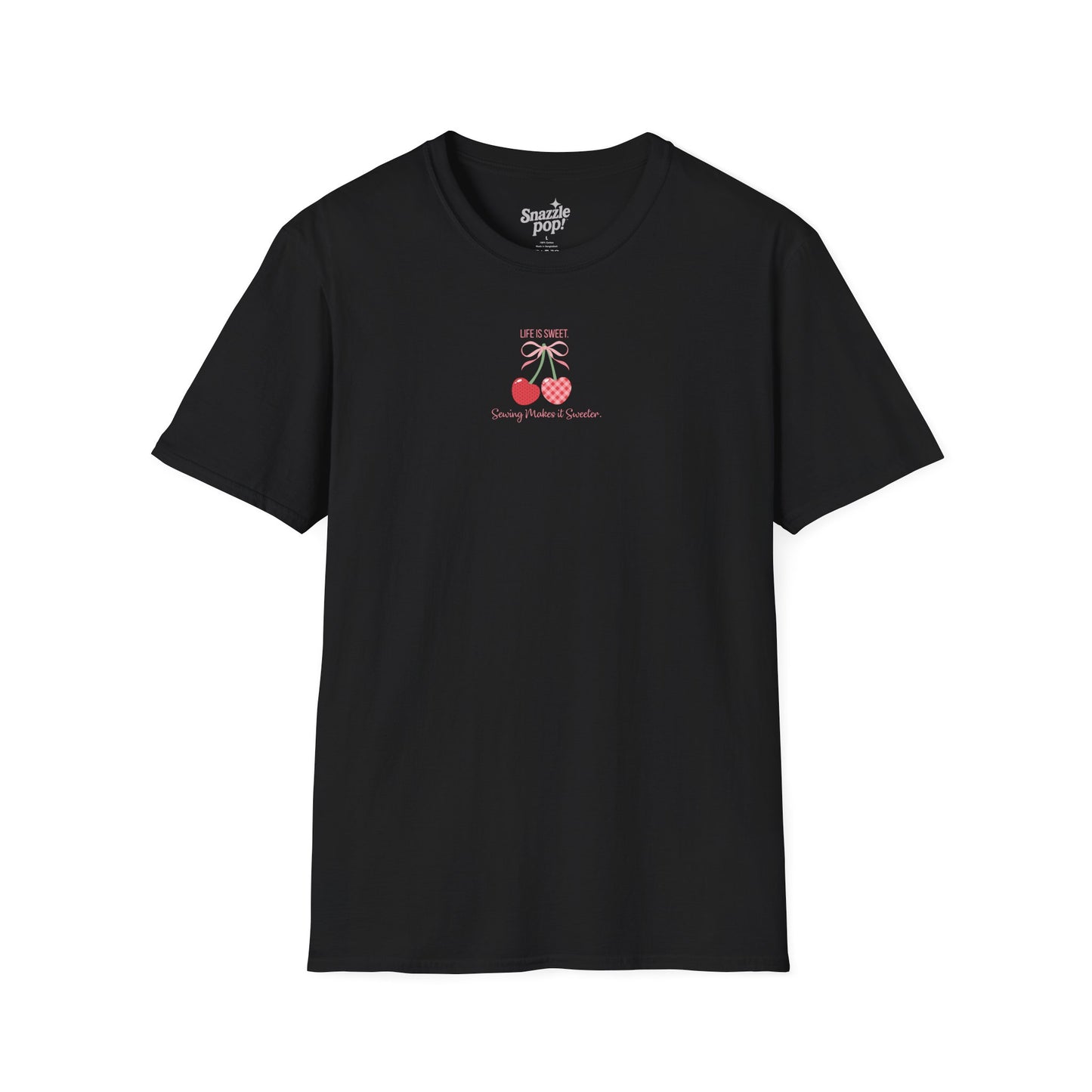 Life Is Sweet. Sewing Makes It Sweeter. Unisex Softstyle T-Shirt - Sewing Cherry Tee (Inclusive Sizing: XS - 5X)
