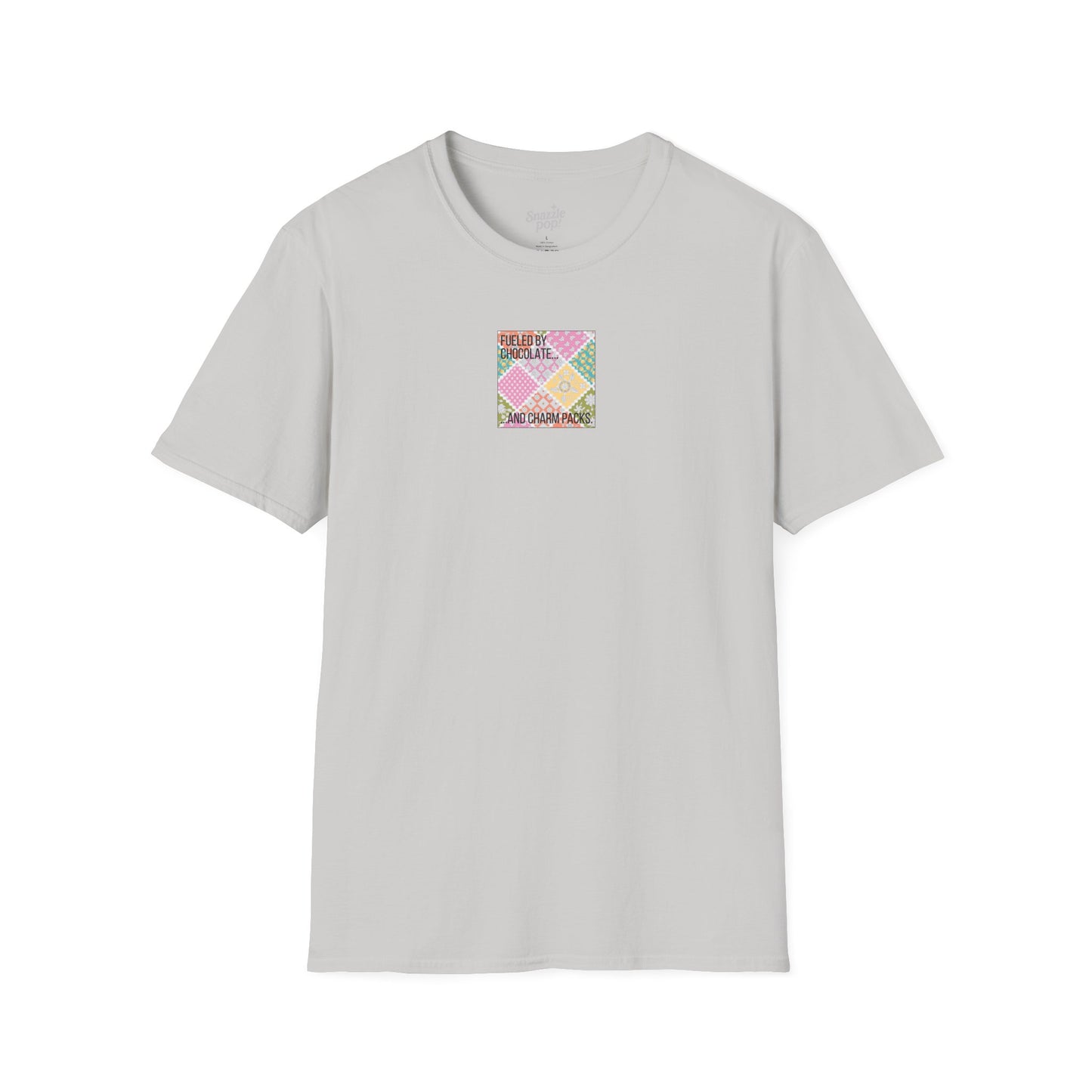 Fueled by Chocolate & Charm Packs T-shirt - Unisex Softstyle Tee - Quilting Tee - Sewing T-shirt (Inclusive Sizing: XS-5x)