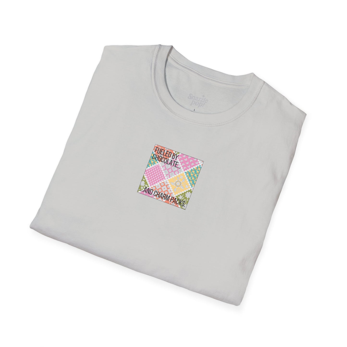 Fueled by Chocolate & Charm Packs T-shirt - Unisex Softstyle Tee - Quilting Tee - Sewing T-shirt (Inclusive Sizing: XS-5x)