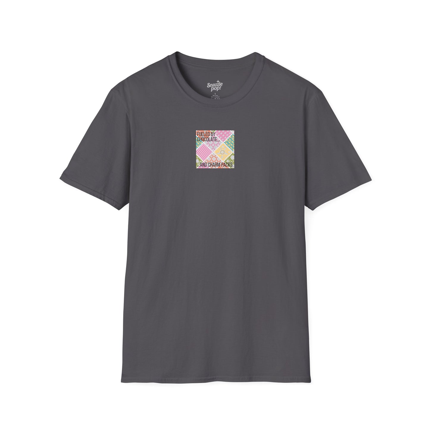 Fueled by Chocolate & Charm Packs T-shirt - Unisex Softstyle Tee - Quilting Tee - Sewing T-shirt (Inclusive Sizing: XS-5x)