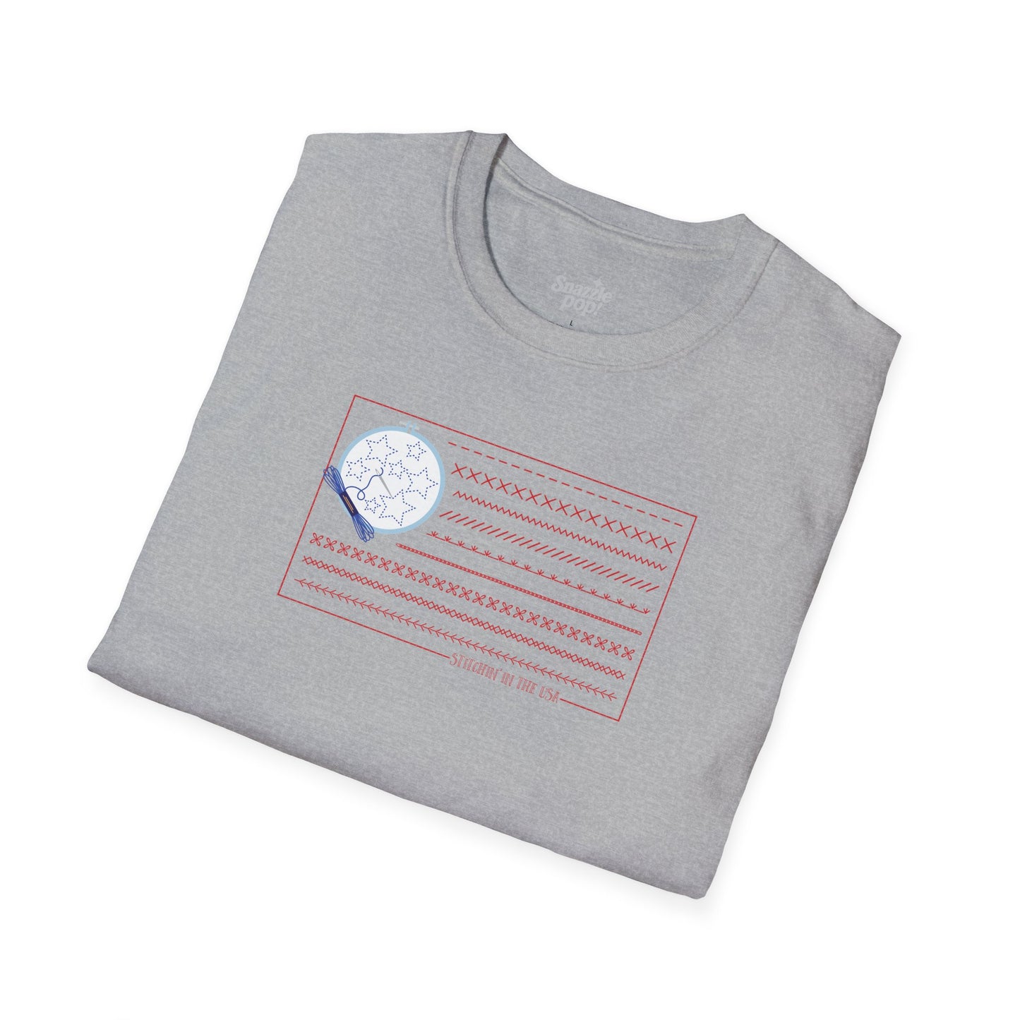 Stitchin' in the USA T-shirt - Unisex Softstyle Patriotic Tee - (for those who love to stitch hand-embroider!) Inclusive Sizing: XS - 5X