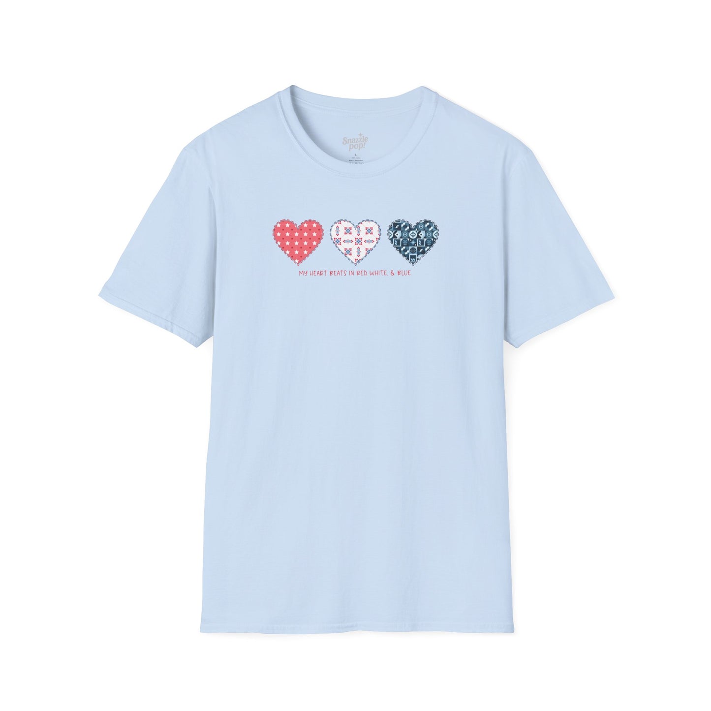 My Heart Beats in Red, White, & Blue! T-shirt - Unisex Softstyle Patriotic Tee - Sewing T-shirt Sew Night T-shirt, Embroidery, Quilting, Stitching Tee (Inclusive Sizing: XS - 5X)
