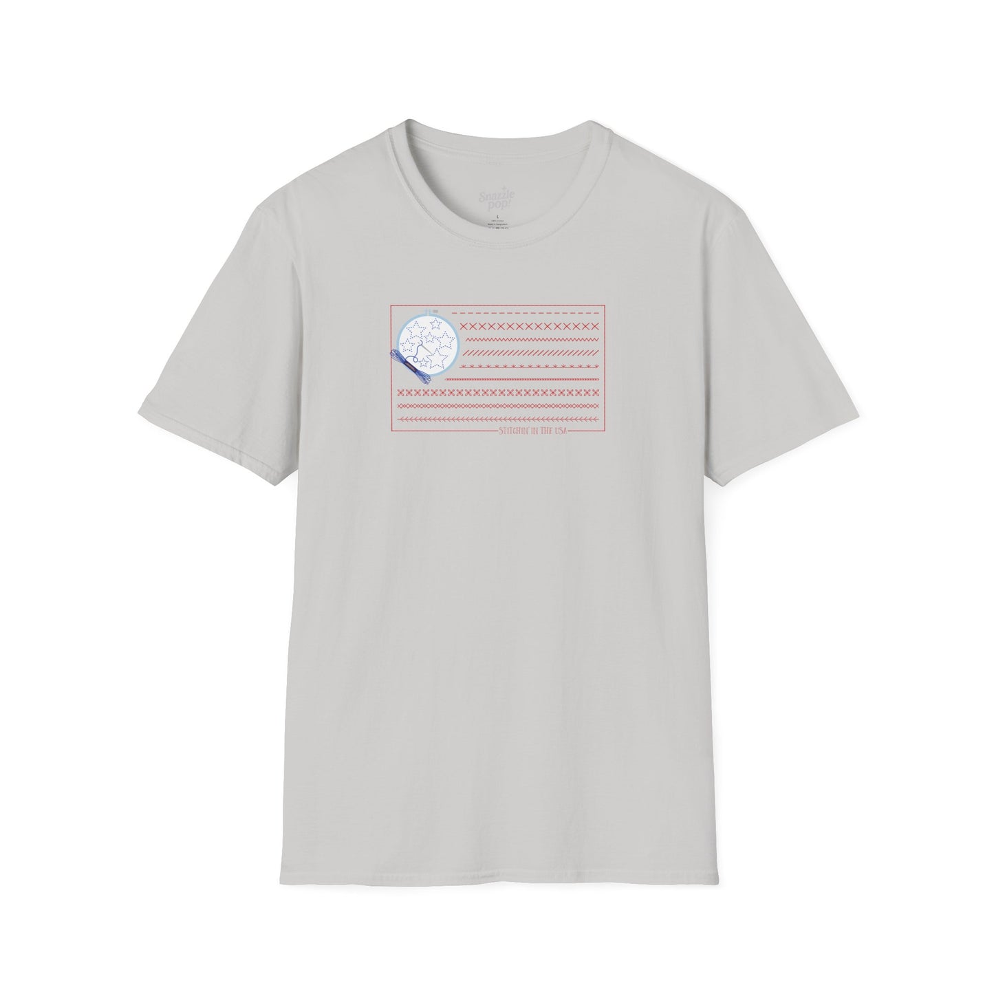Stitchin' in the USA T-shirt - Unisex Softstyle Patriotic Tee - (for those who love to stitch hand-embroider!) Inclusive Sizing: XS - 5X