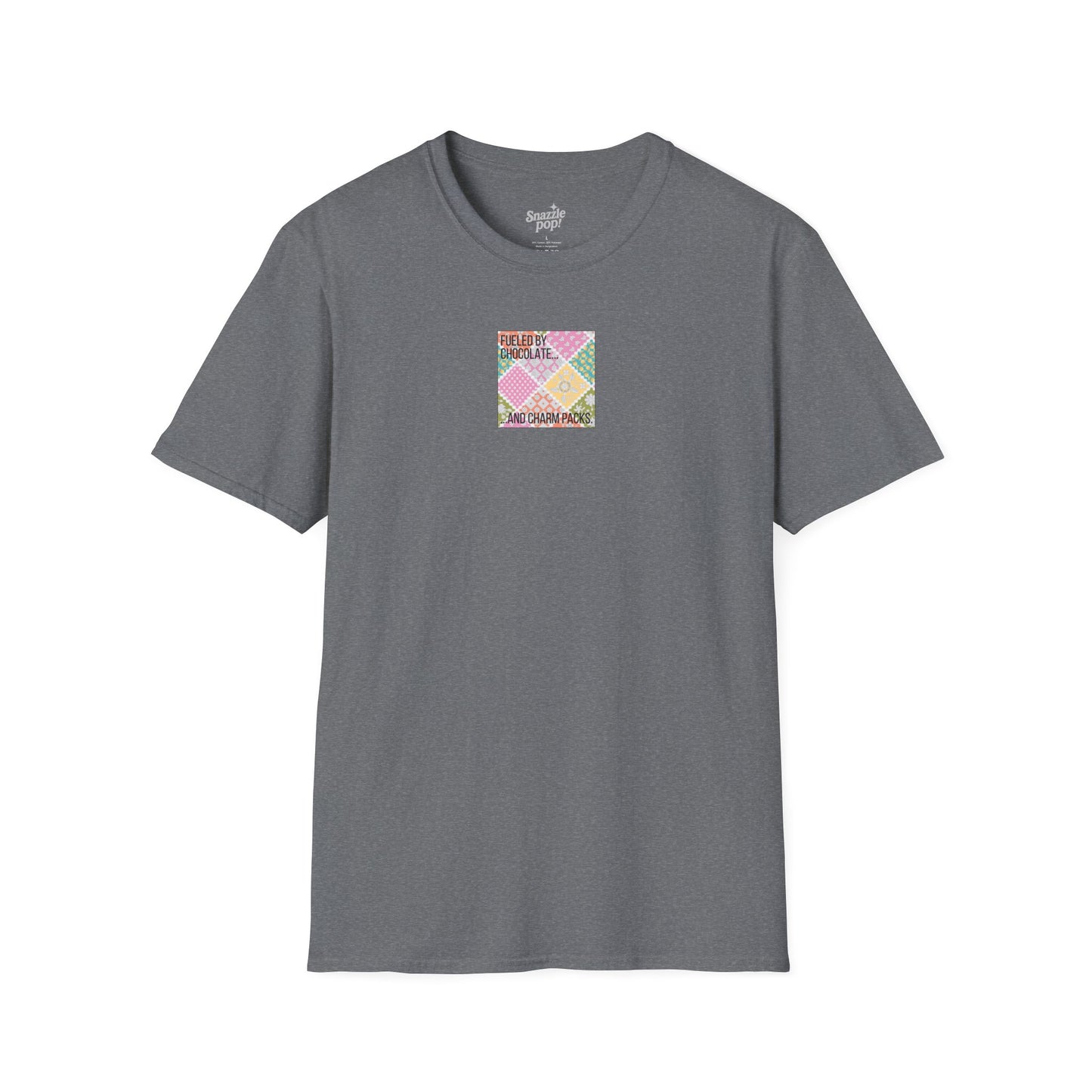 Fueled by Chocolate & Charm Packs T-shirt - Unisex Softstyle Tee - Quilting Tee - Sewing T-shirt (Inclusive Sizing: XS-5x)