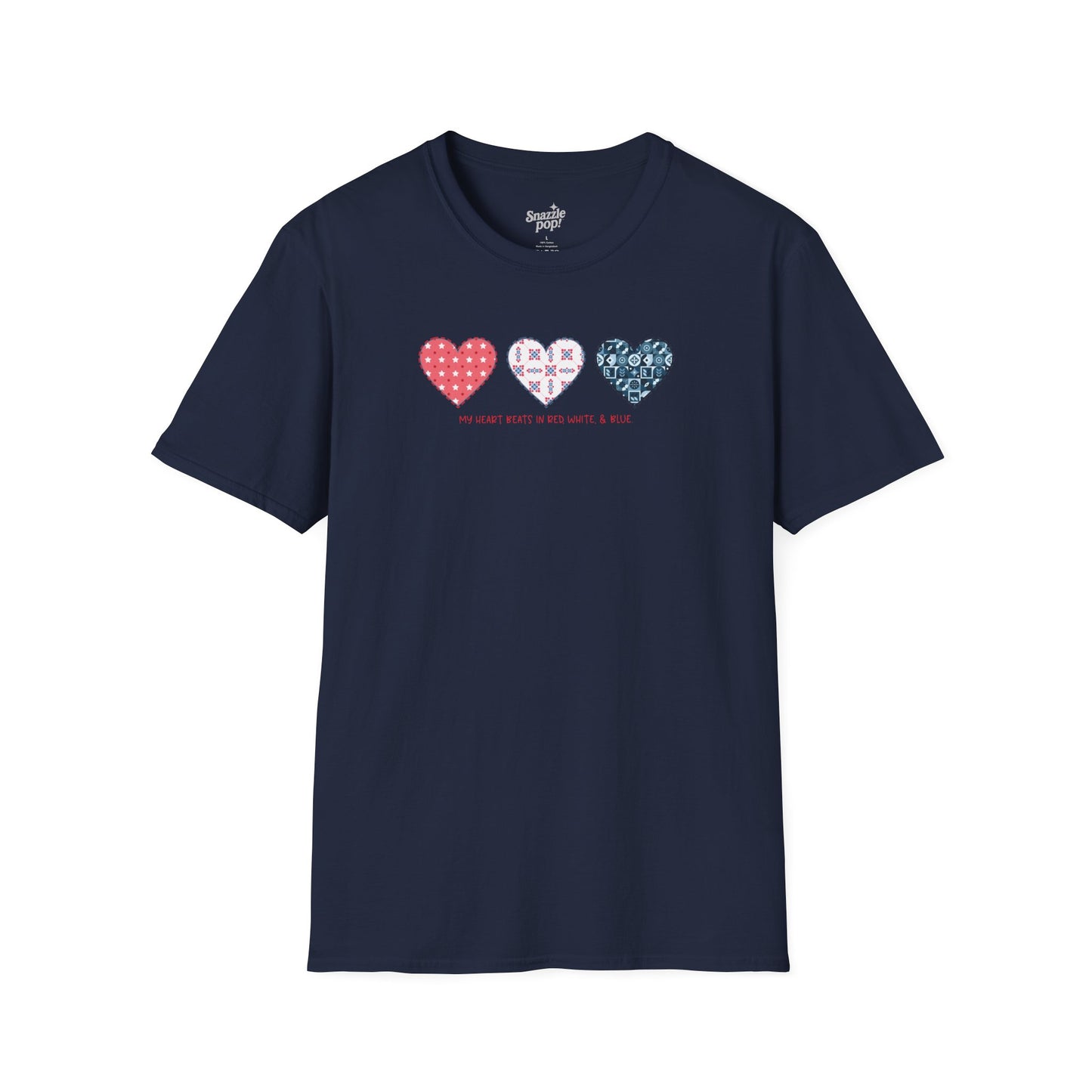 My Heart Beats in Red, White, & Blue! T-shirt - Unisex Softstyle Patriotic Tee - Sewing T-shirt Sew Night T-shirt, Embroidery, Quilting, Stitching Tee (Inclusive Sizing: XS - 5X)