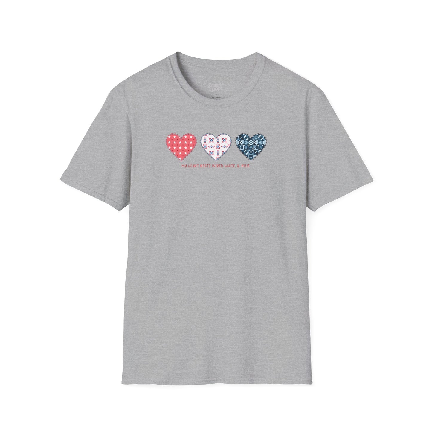 My Heart Beats in Red, White, & Blue! T-shirt - Unisex Softstyle Patriotic Tee - Sewing T-shirt Sew Night T-shirt, Embroidery, Quilting, Stitching Tee (Inclusive Sizing: XS - 5X)