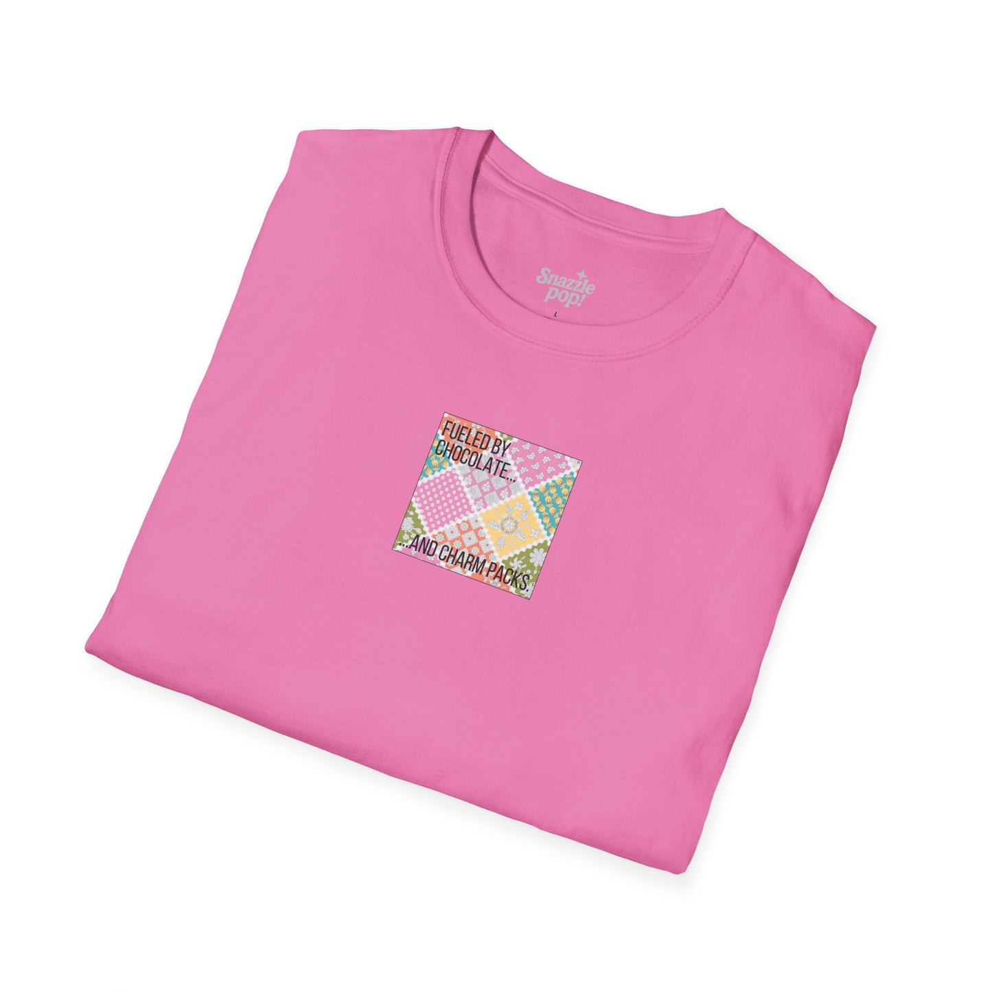 Fueled by Chocolate & Charm Packs T-shirt - Unisex Softstyle Tee - Quilting Tee - Sewing T-shirt (Inclusive Sizing: XS-5x)
