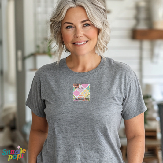 Fueled by Chocolate & Charm Packs T-shirt - Unisex Softstyle Tee - Quilting Tee - Sewing T-shirt (Inclusive Sizing: XS-5x)