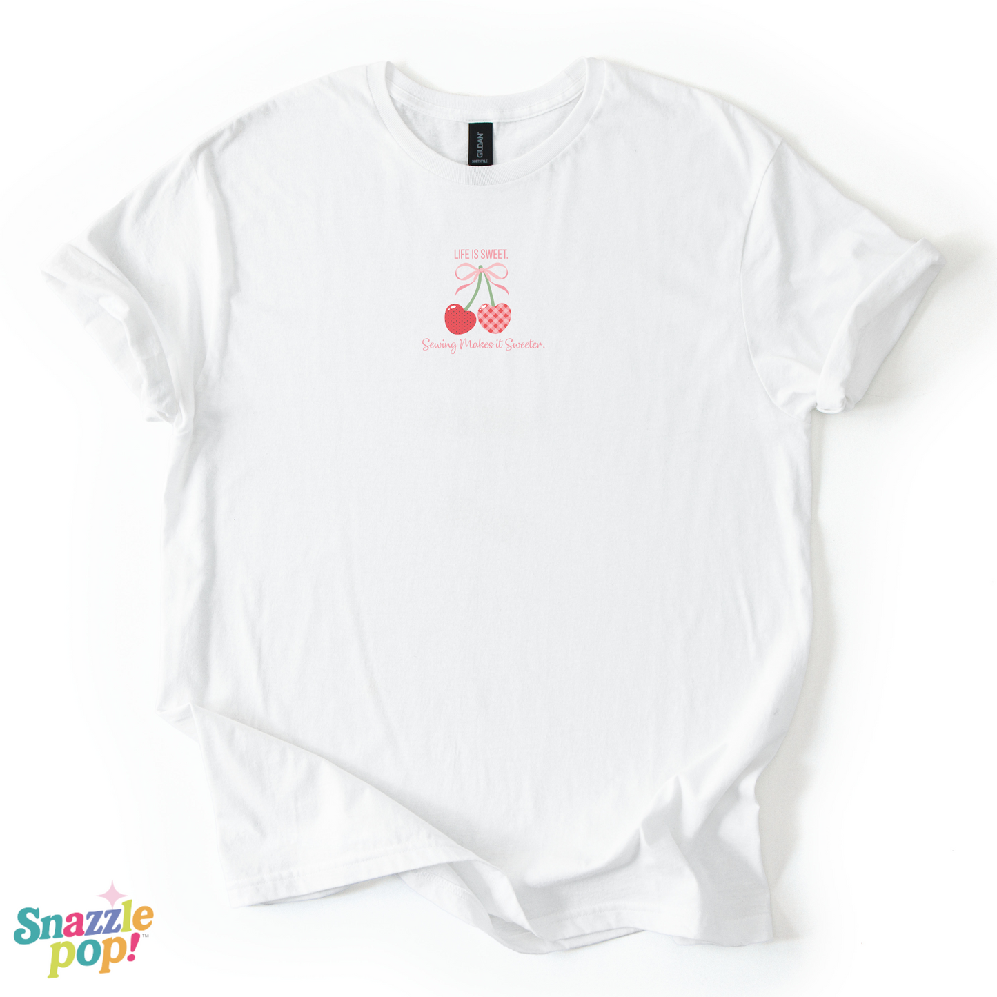 Life Is Sweet. Sewing Makes It Sweeter. Unisex Softstyle T-Shirt - Sewing Cherry Tee (Inclusive Sizing: XS - 5X)