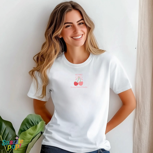 Life Is Sweet. Sewing Makes It Sweeter. Unisex Softstyle T-Shirt - Sewing Cherry Tee (Inclusive Sizing: XS - 5X)