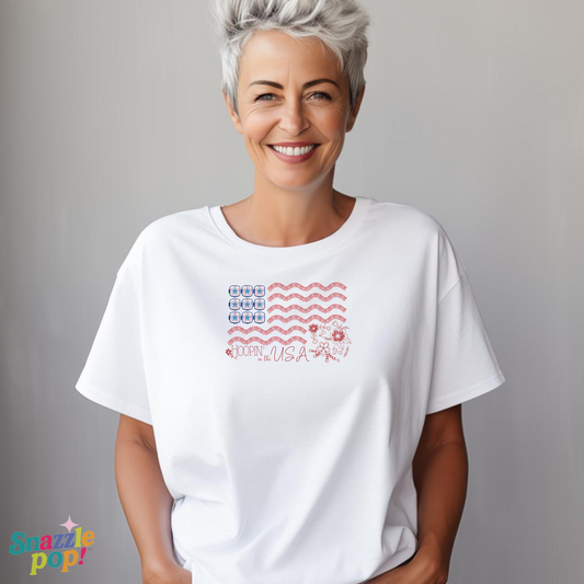 Hoopin' in the USA T-shirt - Unisex Softstyle Patriotic Tee - (for those who love to machine embroider!) Inclusive Sizing: XS - 5X