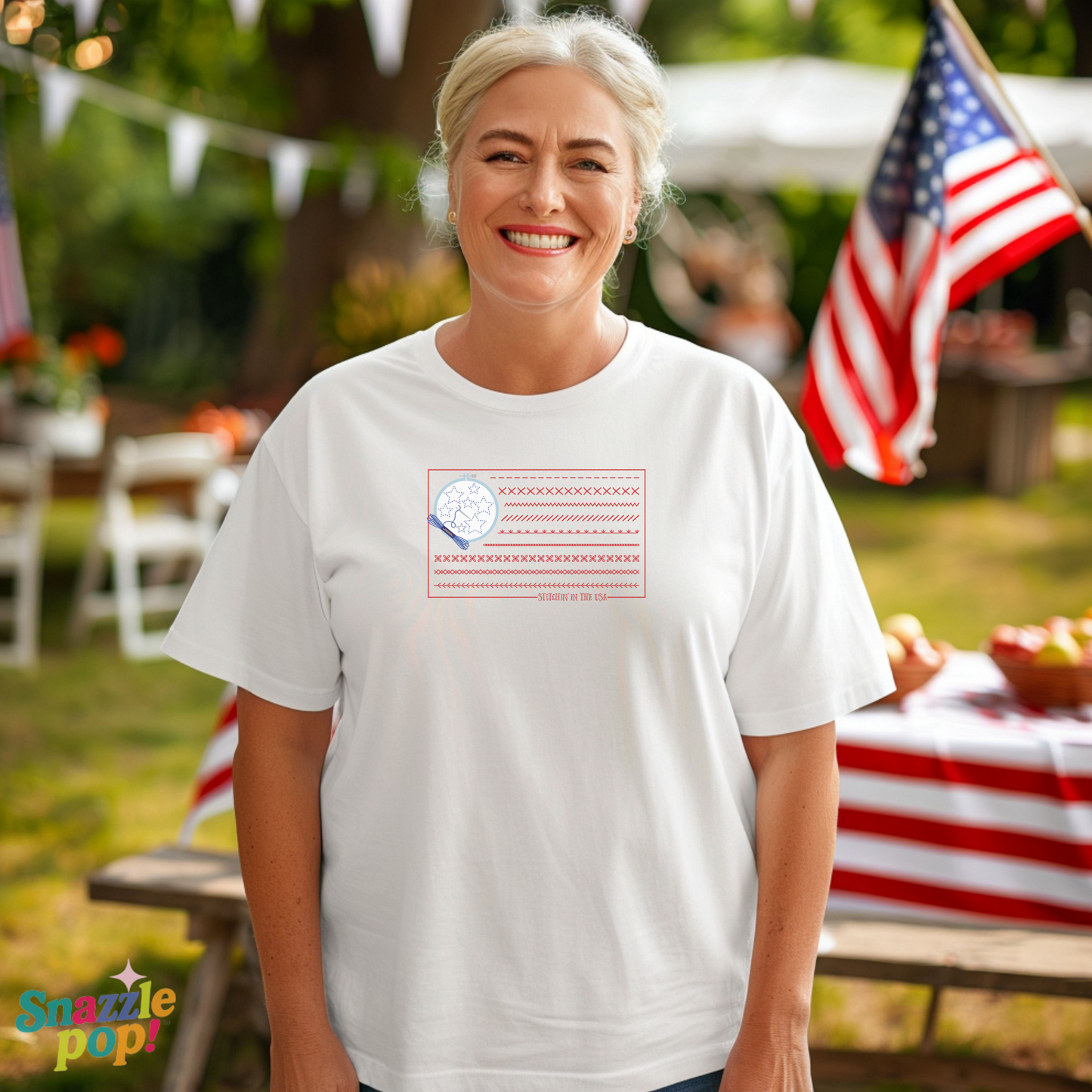 Stitchin' in the USA T-shirt - Unisex Softstyle Patriotic Tee - (for those who love to stitch hand-embroider!) Inclusive Sizing: XS - 5X