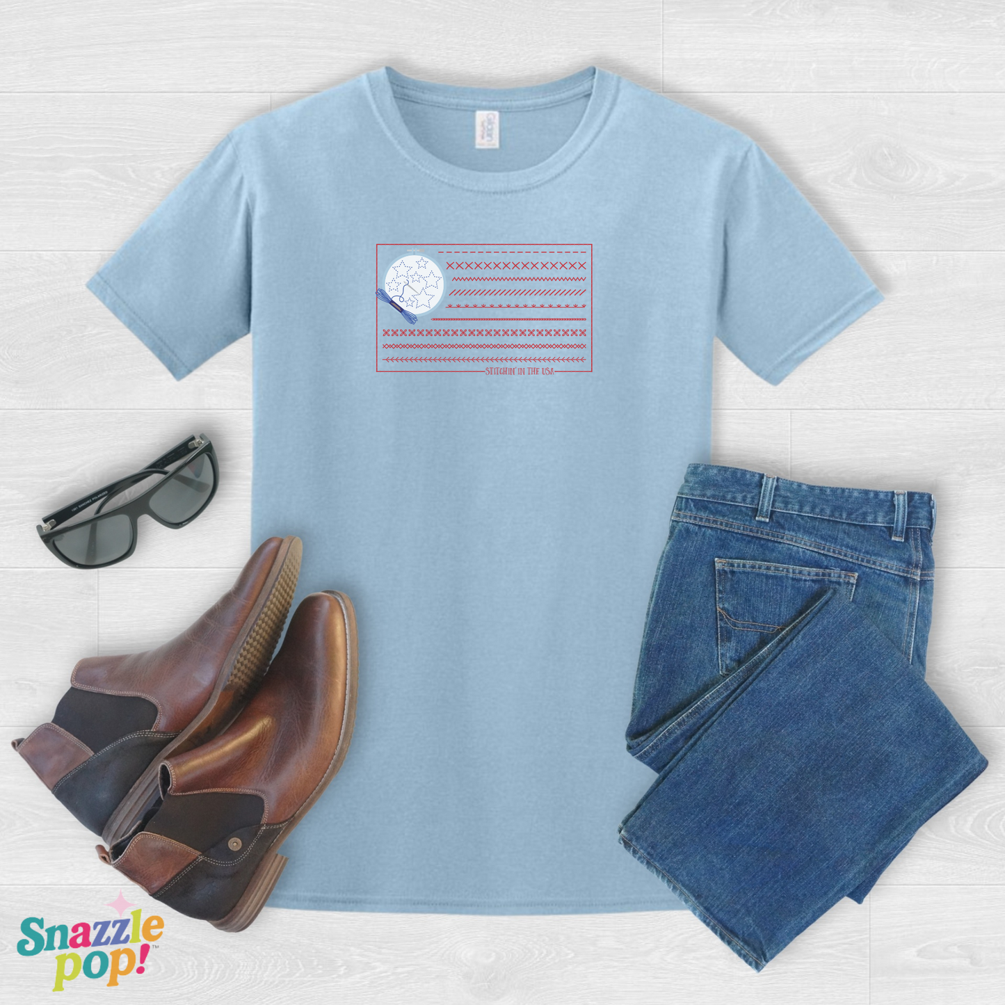 Stitchin' in the USA T-shirt - Unisex Softstyle Patriotic Tee - (for those who love to stitch hand-embroider!) Inclusive Sizing: XS - 5X