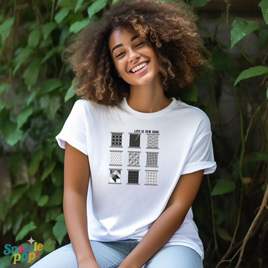 Life Is SEW Good T-shirt (Black & White Colorway) - Unisex Softstyle Sewing Tee - Sewing T-shirt - Quilting T-shirt (Inclusive Sizing: XS - 5X)