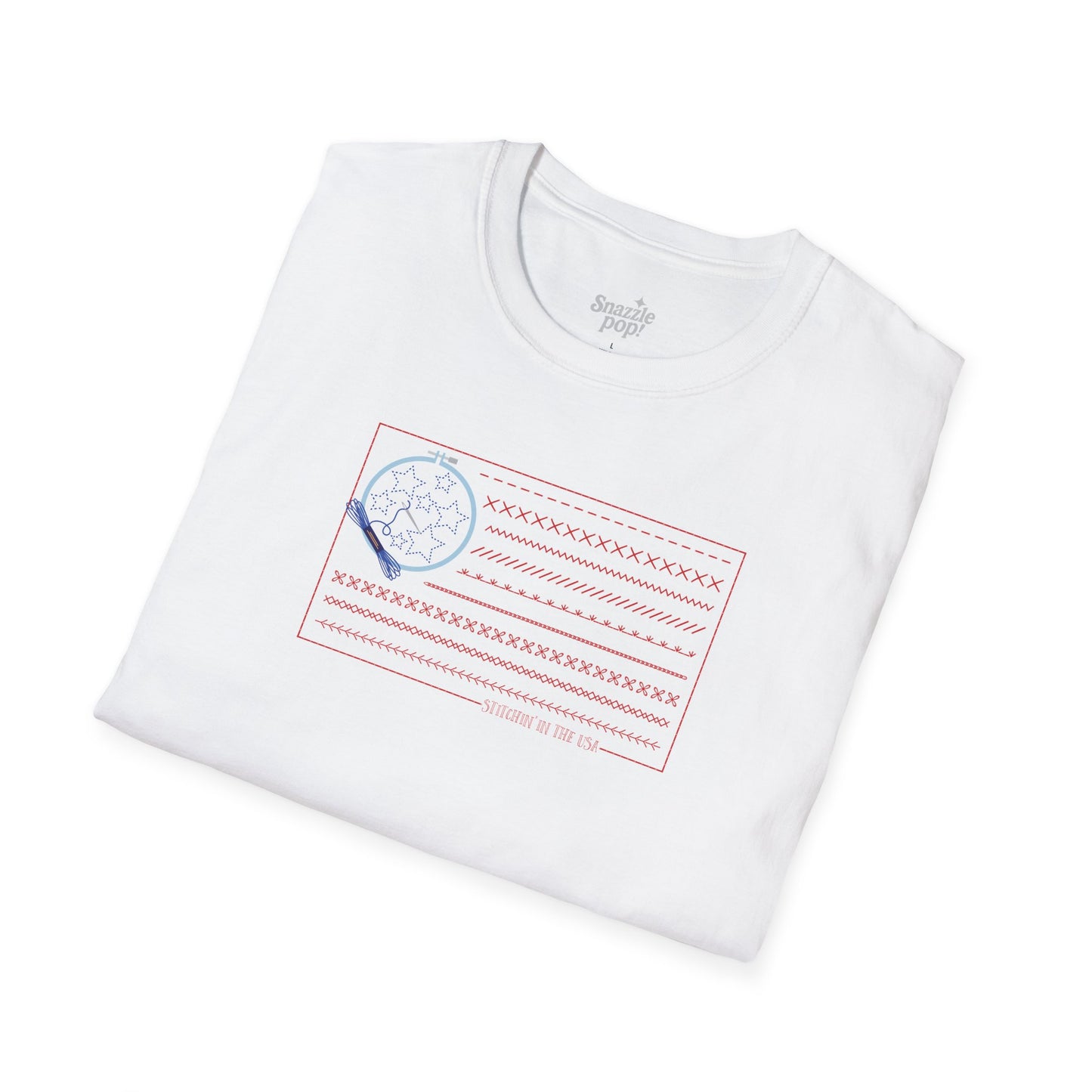 Stitchin' in the USA T-shirt - Unisex Softstyle Patriotic Tee - (for those who love to stitch hand-embroider!) Inclusive Sizing: XS - 5X