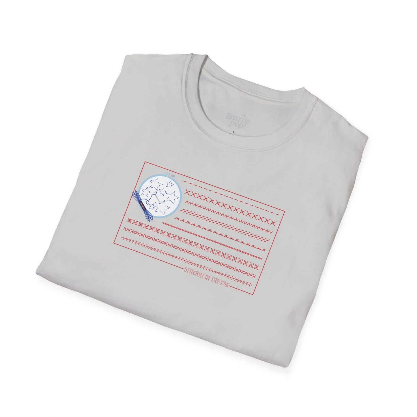 Stitchin' in the USA T-shirt - Unisex Softstyle Patriotic Tee - (for those who love to stitch hand-embroider!) Inclusive Sizing: XS - 5X