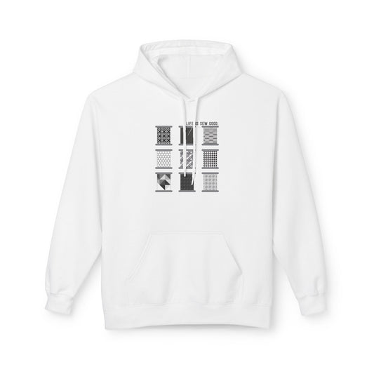 Life is SEW Good (Black & White Colorway) Unisex Hoodie with Front Pocket - Hooded Sewing-Themed Sweatshirt