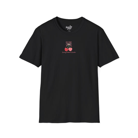 Life Is Sweet. Sewing Makes It Sweeter. Unisex Softstyle T-Shirt - Sewing Cherry Tee (Inclusive Sizing: XS - 5X)
