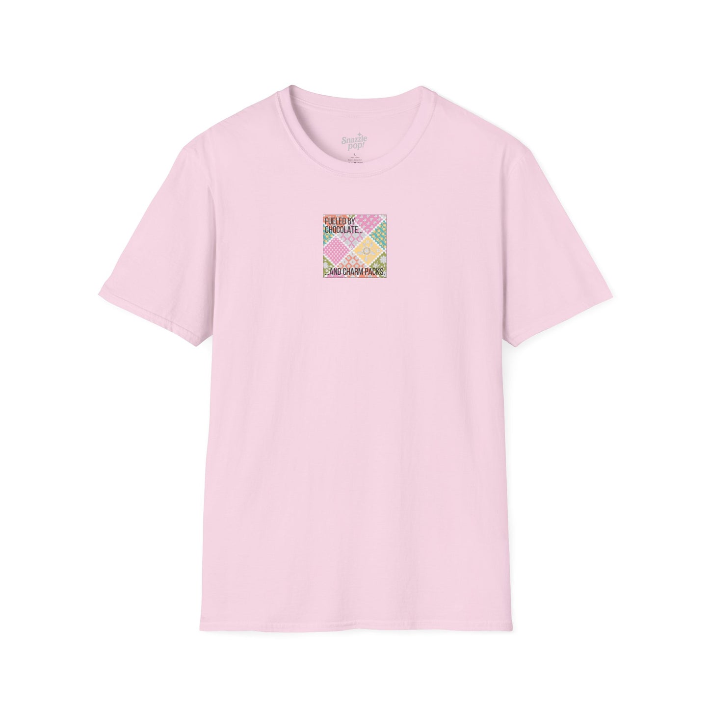 Fueled by Chocolate & Charm Packs T-shirt - Unisex Softstyle Tee - Quilting Tee - Sewing T-shirt (Inclusive Sizing: XS-5x)