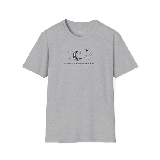 Stitching Past My Bedtime Since...Always. T-shirt - Unisex Softstyle Crafty Tee - Sew Night T-shirt, Embroidery, Quilting, Stitching (Inclusive Sizing: XS - 5X)